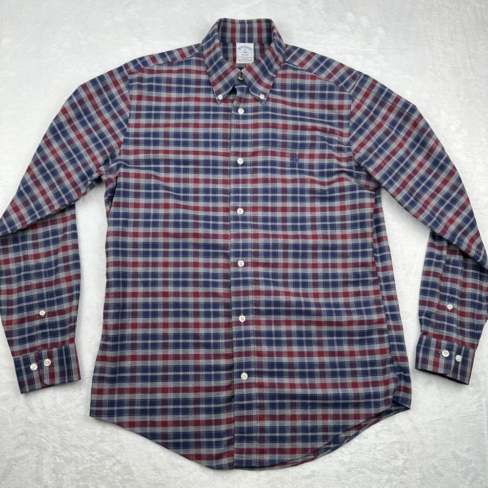 Brooks Brothers Regent Fit Non-Iron Mens M Supima Cotton Plaid Shirt Red Blue